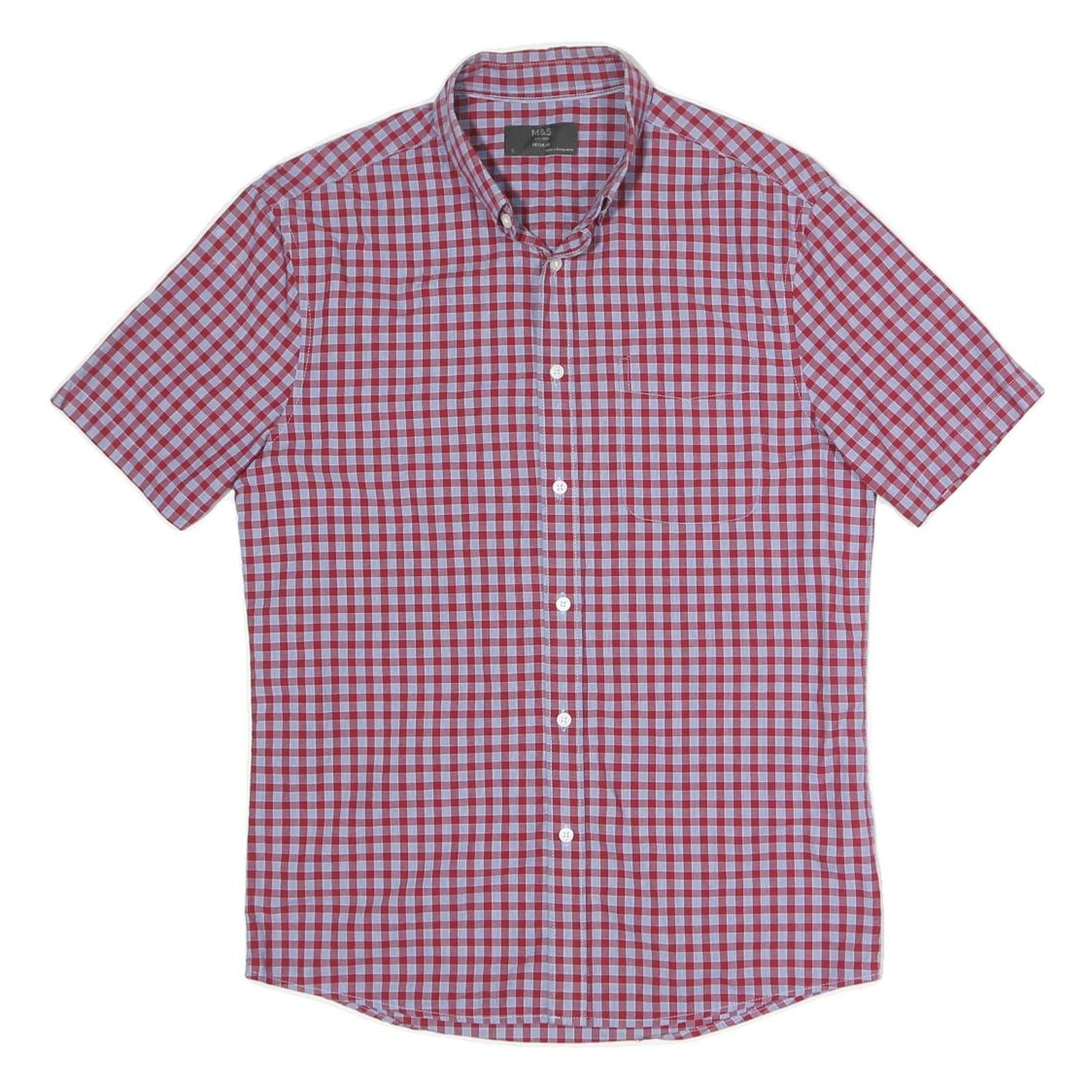 MARKS&SPENCERS Mens Red & Blue Check Shirt S Button Down Collar Short Sleeve