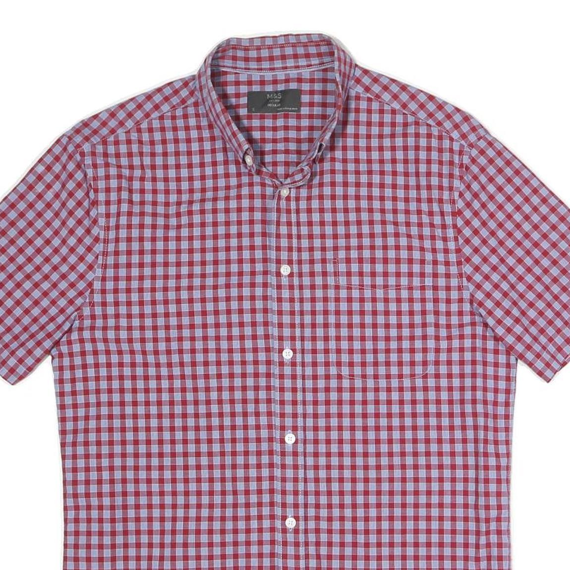 MARKS&SPENCERS Mens Red & Blue Check Shirt S Button Down Collar Short Sleeve