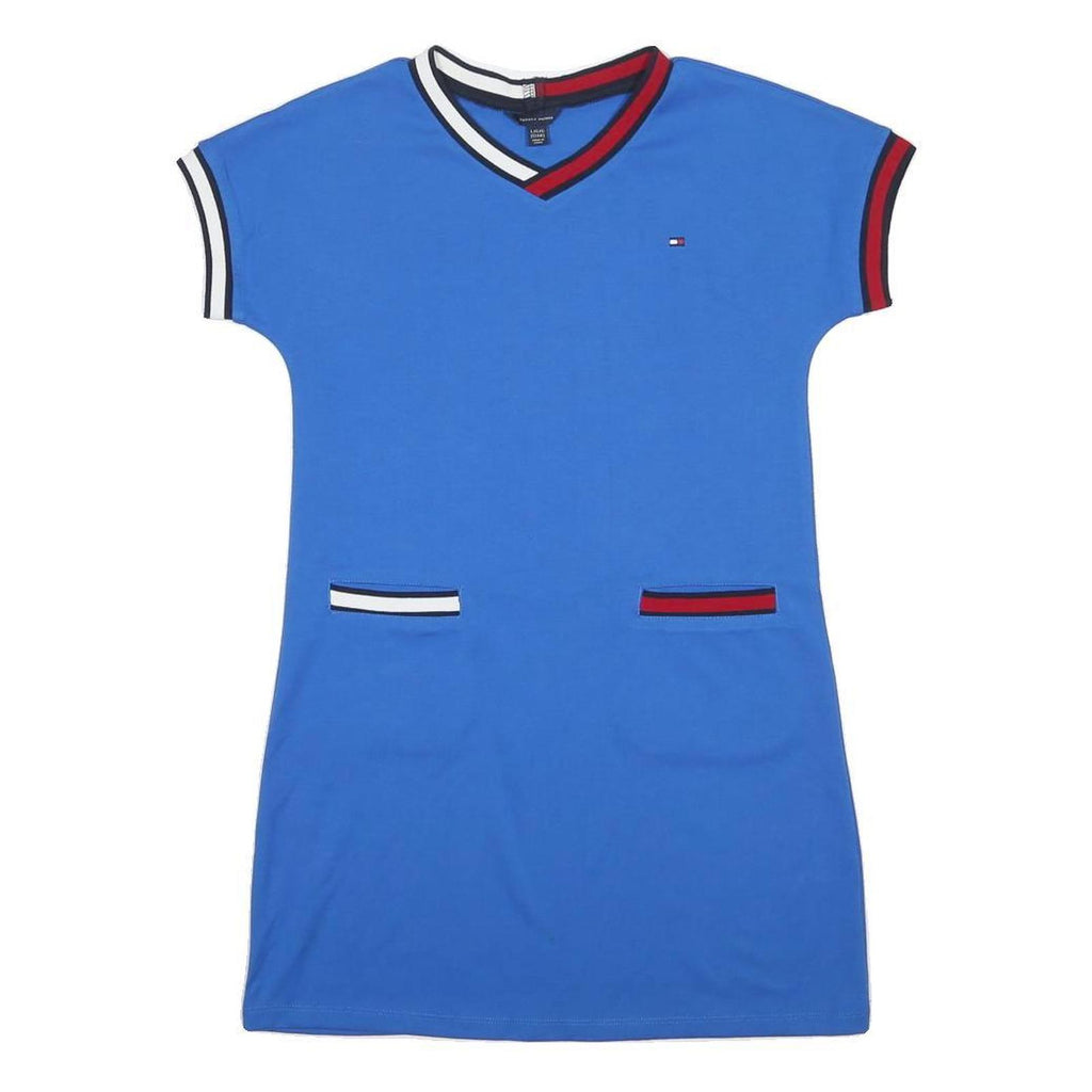 TOMMY HILFIGER Womens Blue Fit & Flare Polyester Blend Dress Short Sleeve L