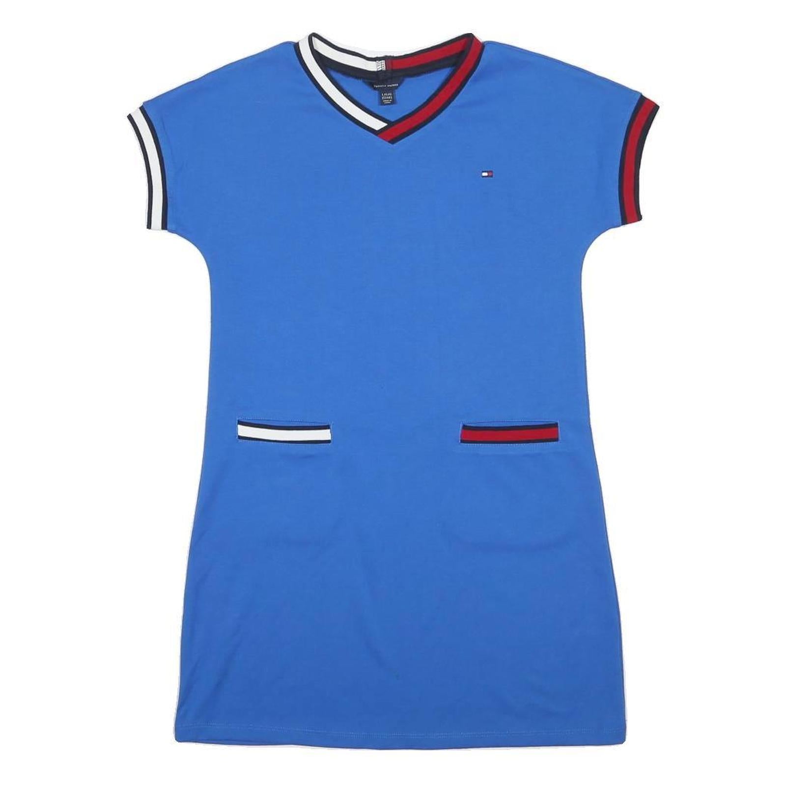 TOMMY HILFIGER Womens Blue Fit & Flare Polyester Blend Dress Short Sleeve L