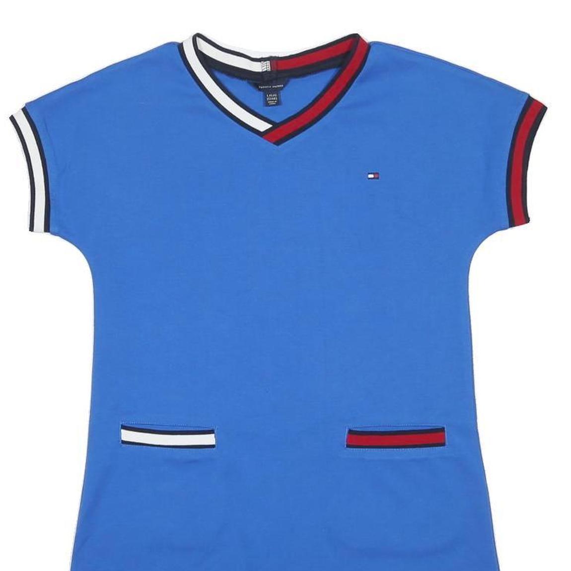 TOMMY HILFIGER Womens Blue Fit & Flare Polyester Blend Dress Short Sleeve L