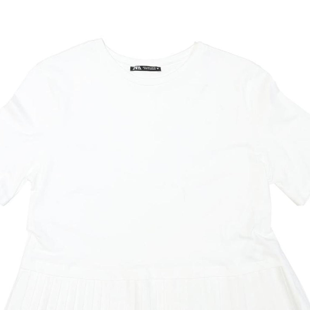ZARA Womens White Basic Top Short Sleeve Crew Neck Pleated L Comfort