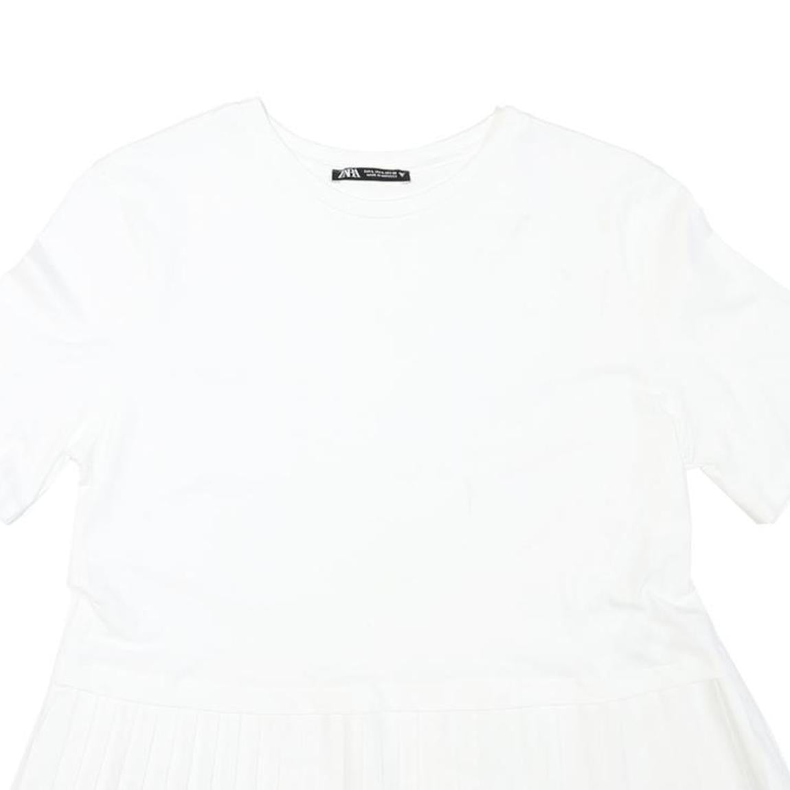 ZARA Womens White Basic Top Short Sleeve Crew Neck Pleated L Comfort