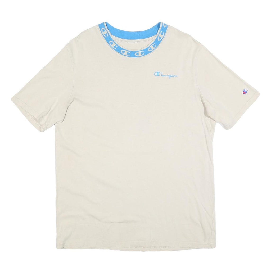 CHAMPION Mens Cream & Blue Graphic T-Shirt L Short Sleeve Crew Neck Cotton Blend