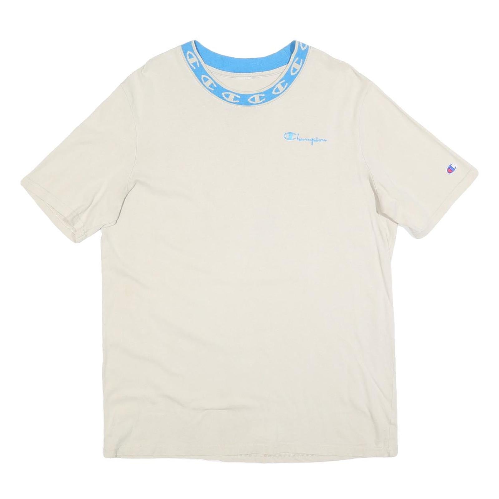 CHAMPION Mens Cream & Blue Graphic T-Shirt L Short Sleeve Crew Neck Cotton Blend