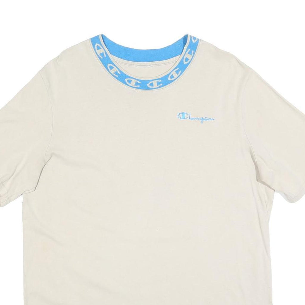 CHAMPION Mens Cream & Blue Graphic T-Shirt L Short Sleeve Crew Neck Cotton Blend