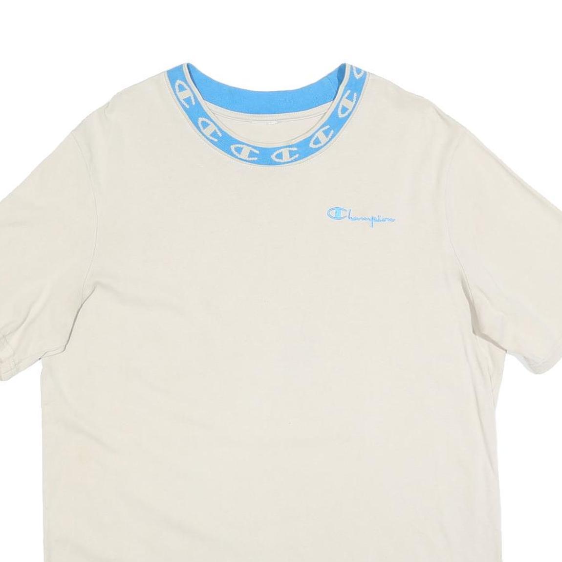 CHAMPION Mens Cream & Blue Graphic T-Shirt L Short Sleeve Crew Neck Cotton Blend