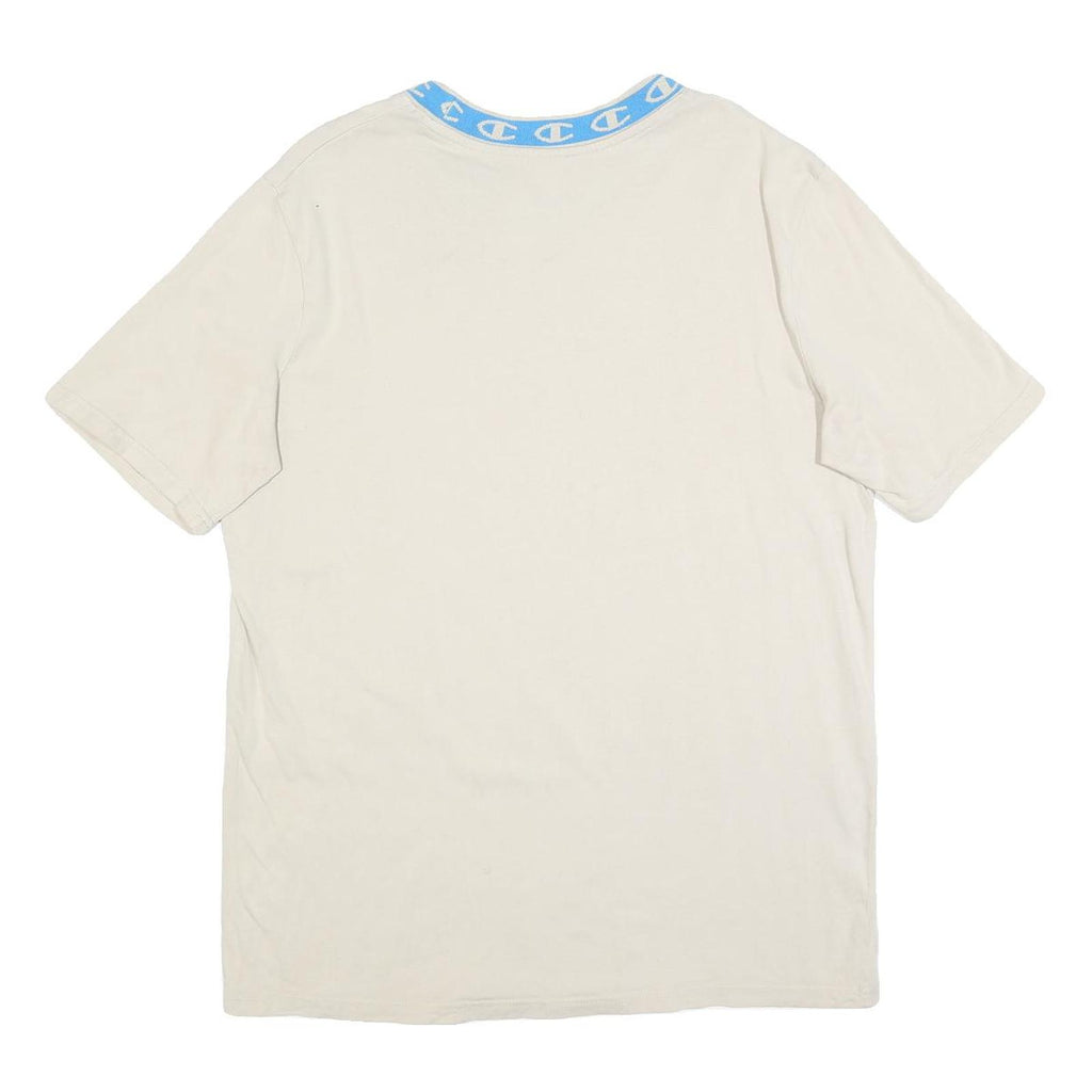 CHAMPION Mens Cream & Blue Graphic T-Shirt L Short Sleeve Crew Neck Cotton Blend