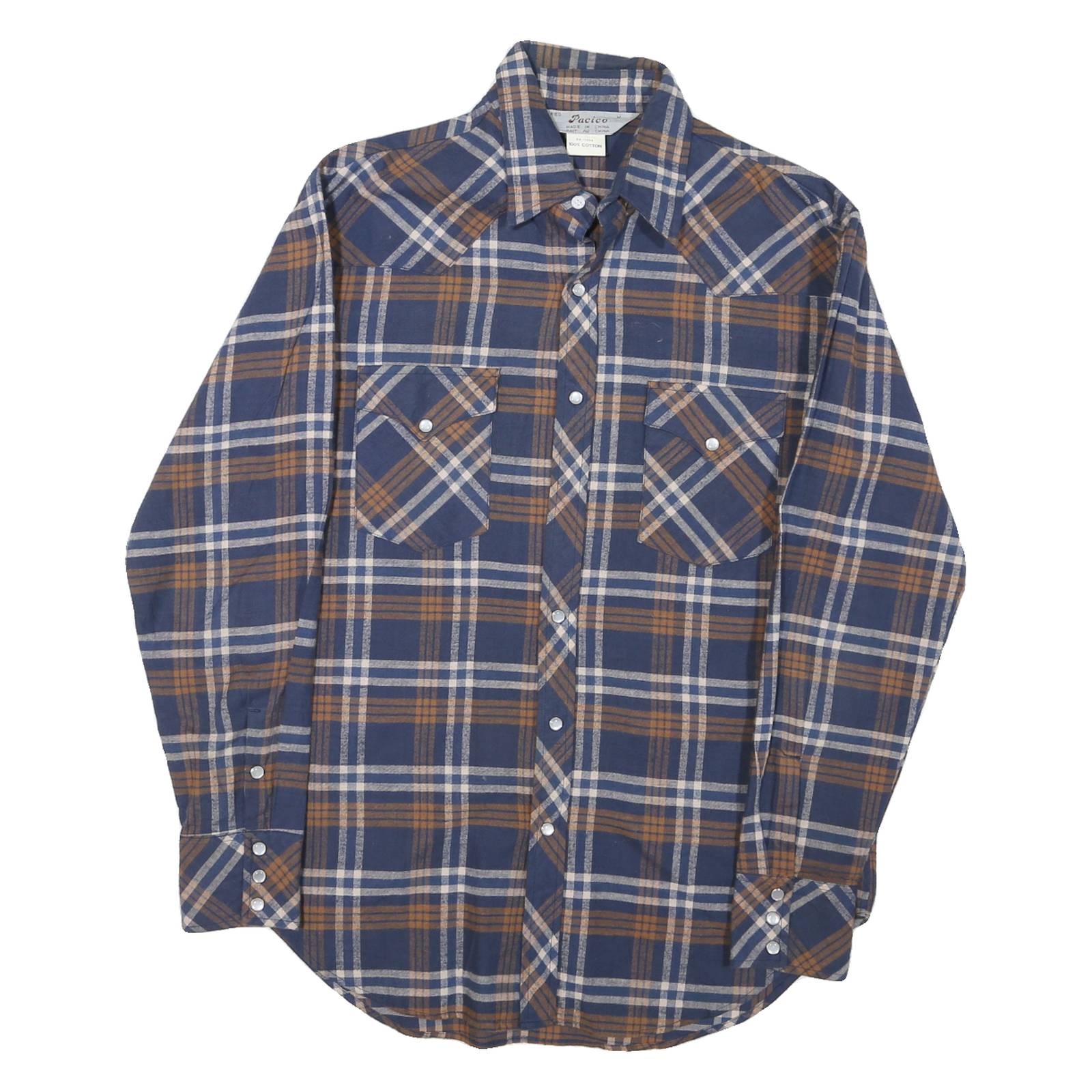 PACICO Mens Blue & Brown Check Shirt M Cotton Casual Long Sleeve Buttons