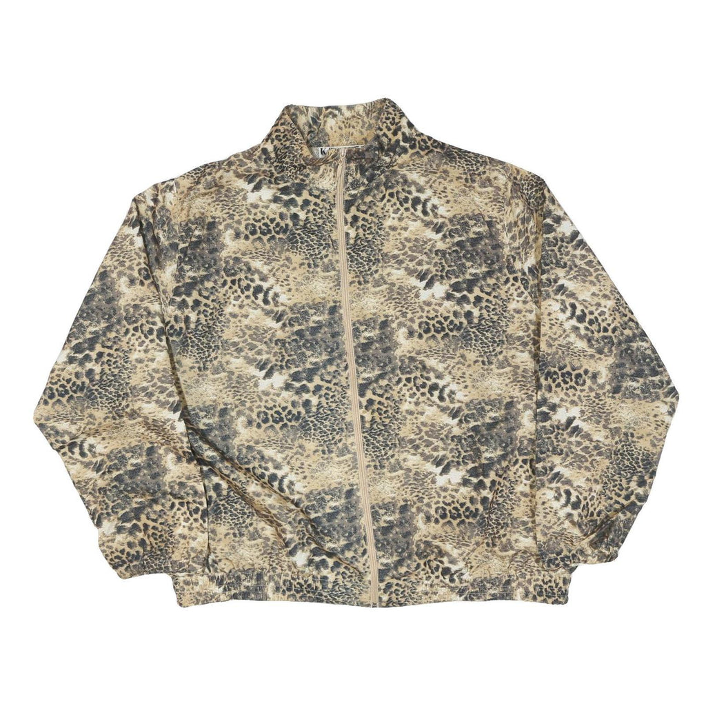 KT GOLF Womens Beige Animal Print Jacket L Polyester Blend Zip Stand-Up Collar