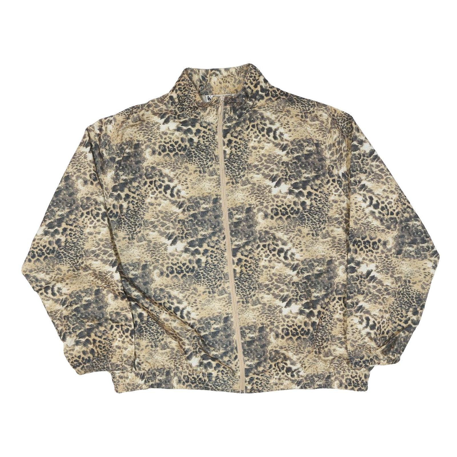 KT GOLF Womens Beige Animal Print Jacket L Polyester Blend Zip Stand-Up Collar
