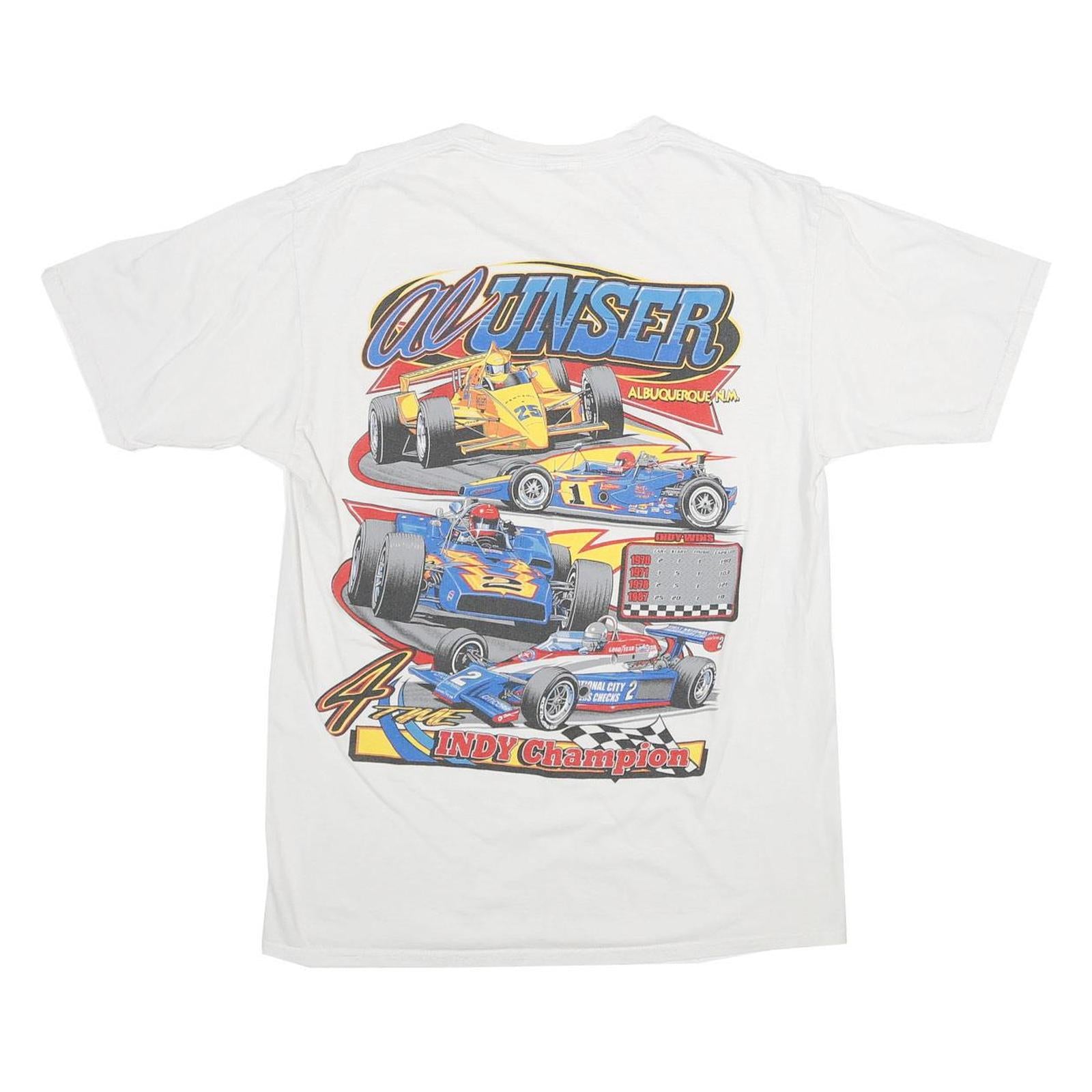 Mens White Racing Cars Graphic T-Shirt S Short Sleeve Crew Neck Vintage