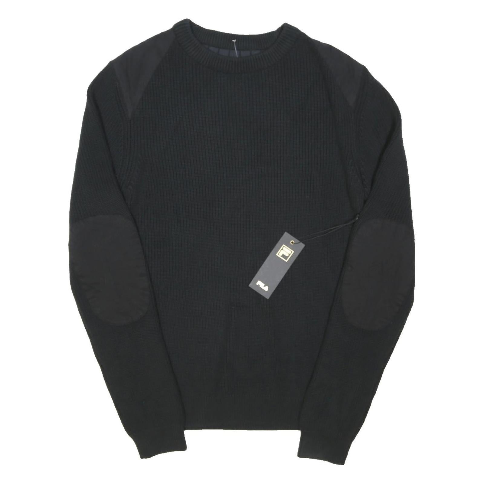 FILA Mens Black Plain Crew Neck Basic Knit Jumper S Cotton Blend Comfort Casual
