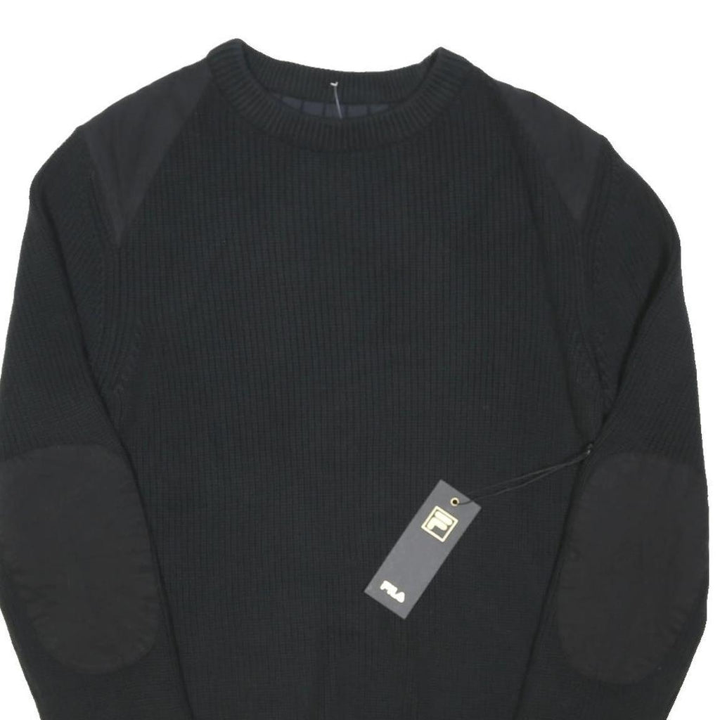 FILA Mens Black Plain Crew Neck Basic Knit Jumper S Cotton Blend Comfort Casual