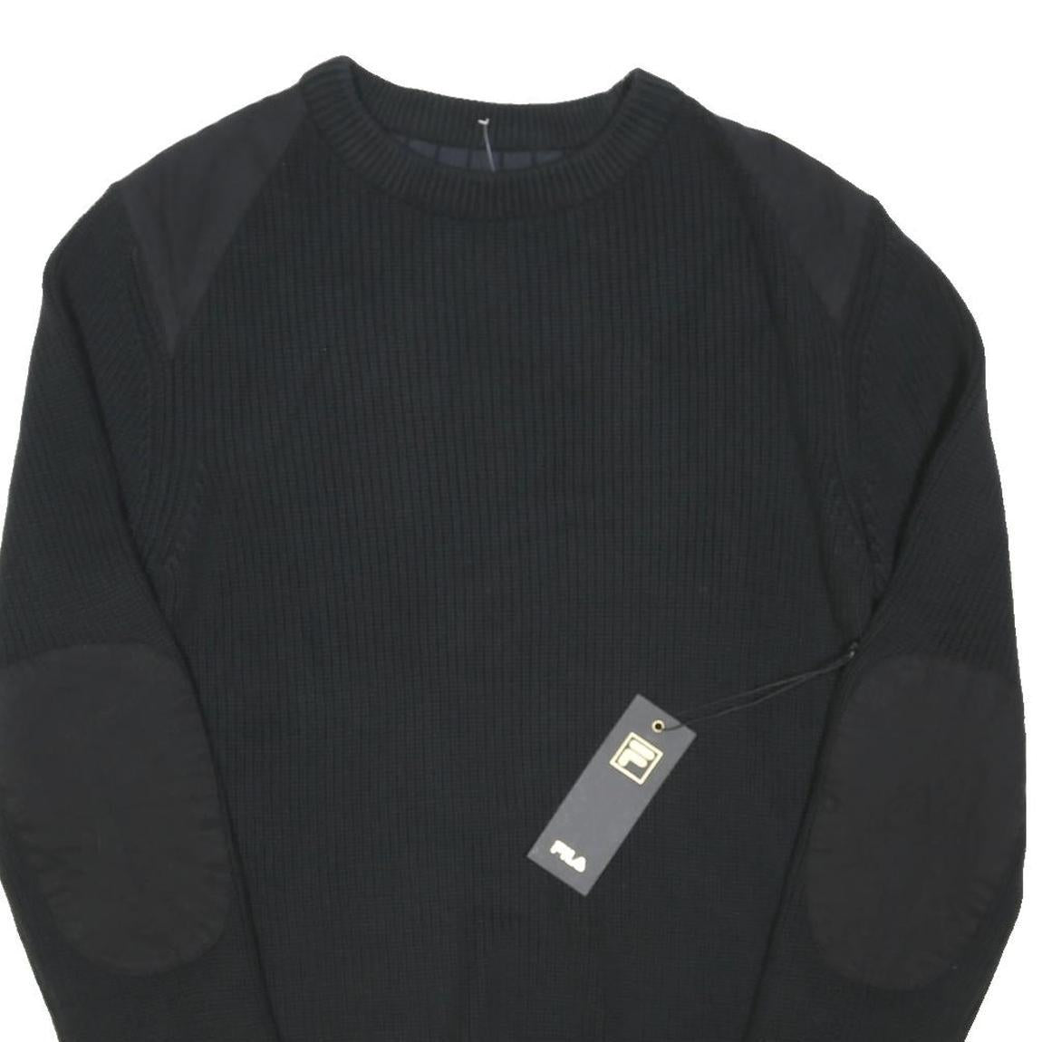 FILA Mens Black Plain Crew Neck Basic Knit Jumper S Cotton Blend Comfort Casual