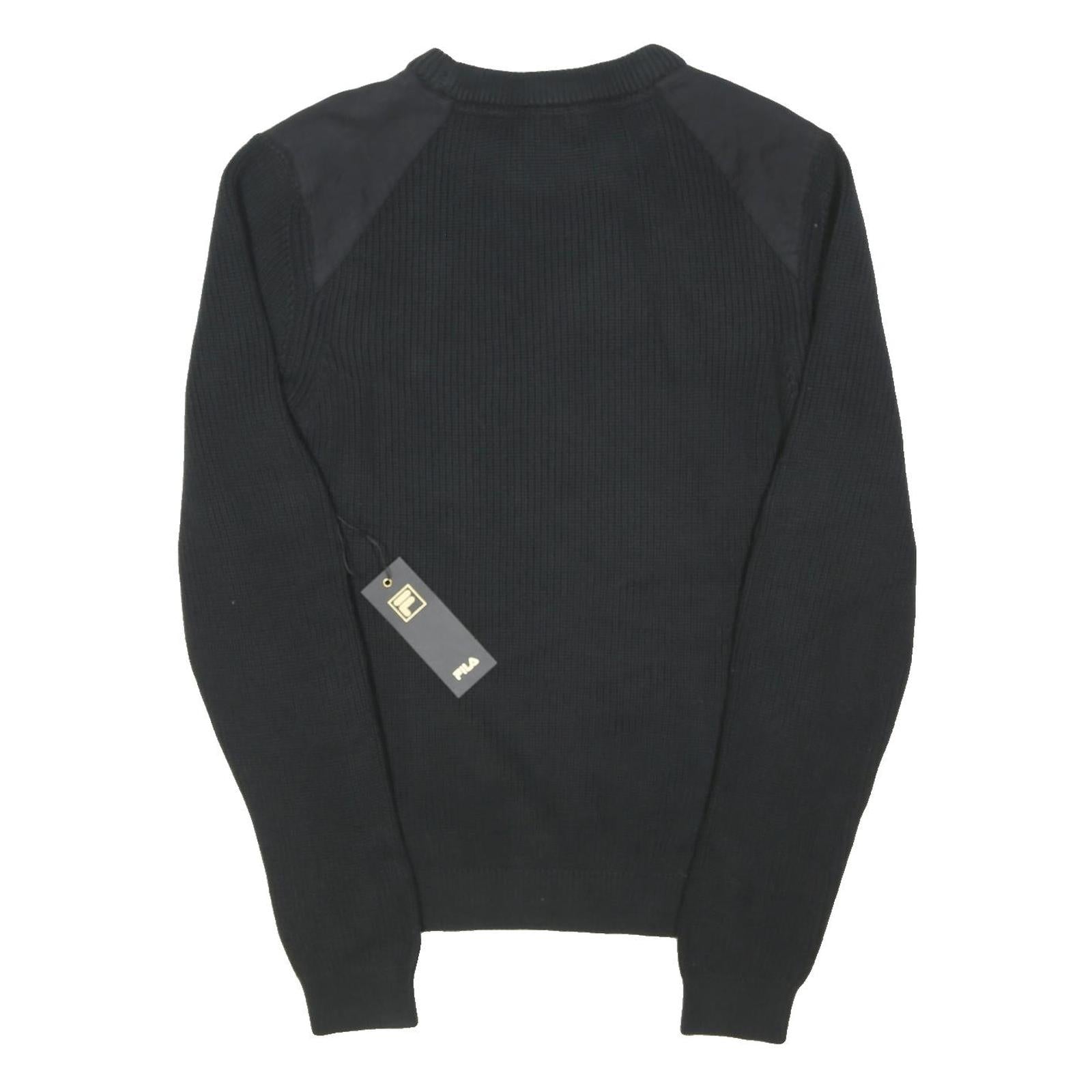 FILA Mens Black Plain Crew Neck Basic Knit Jumper S Cotton Blend Comfort Casual