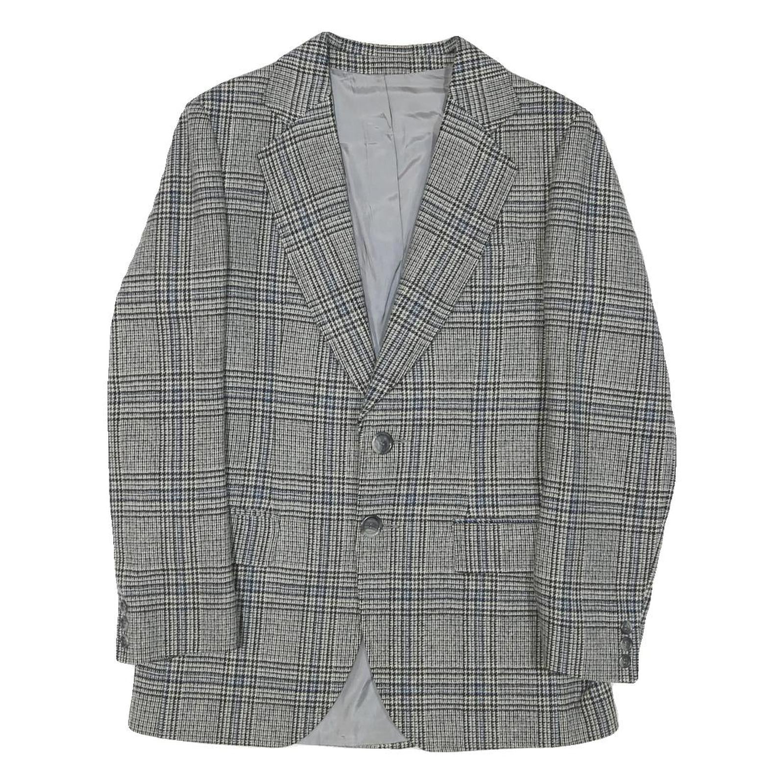 SQUARE DEAL Mens Grey Check Wool Blend Tailored Jacket S Woven Button Closure