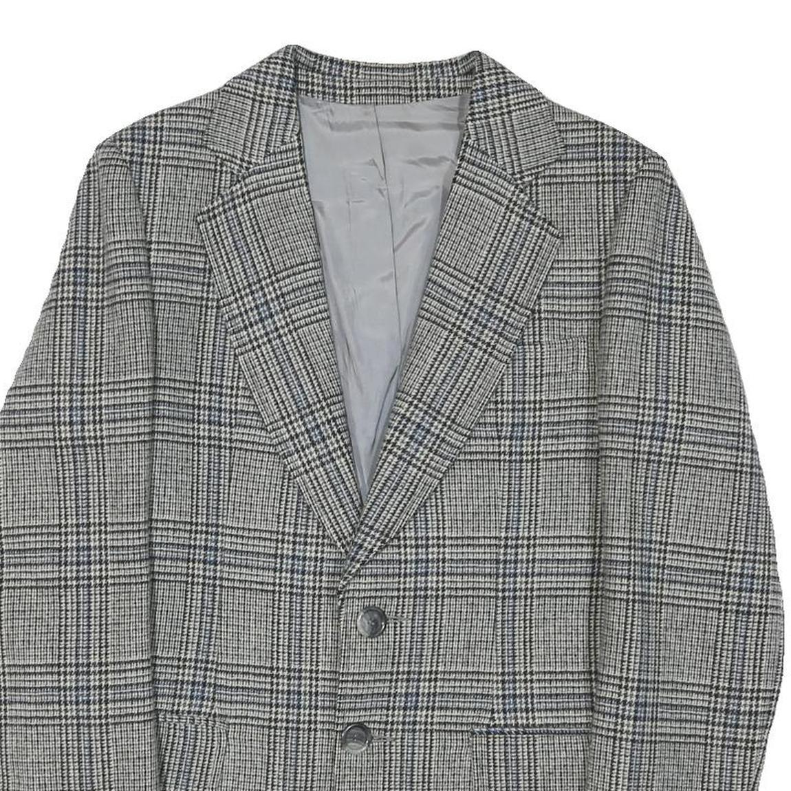 SQUARE DEAL Mens Grey Check Wool Blend Tailored Jacket S Woven Button Closure