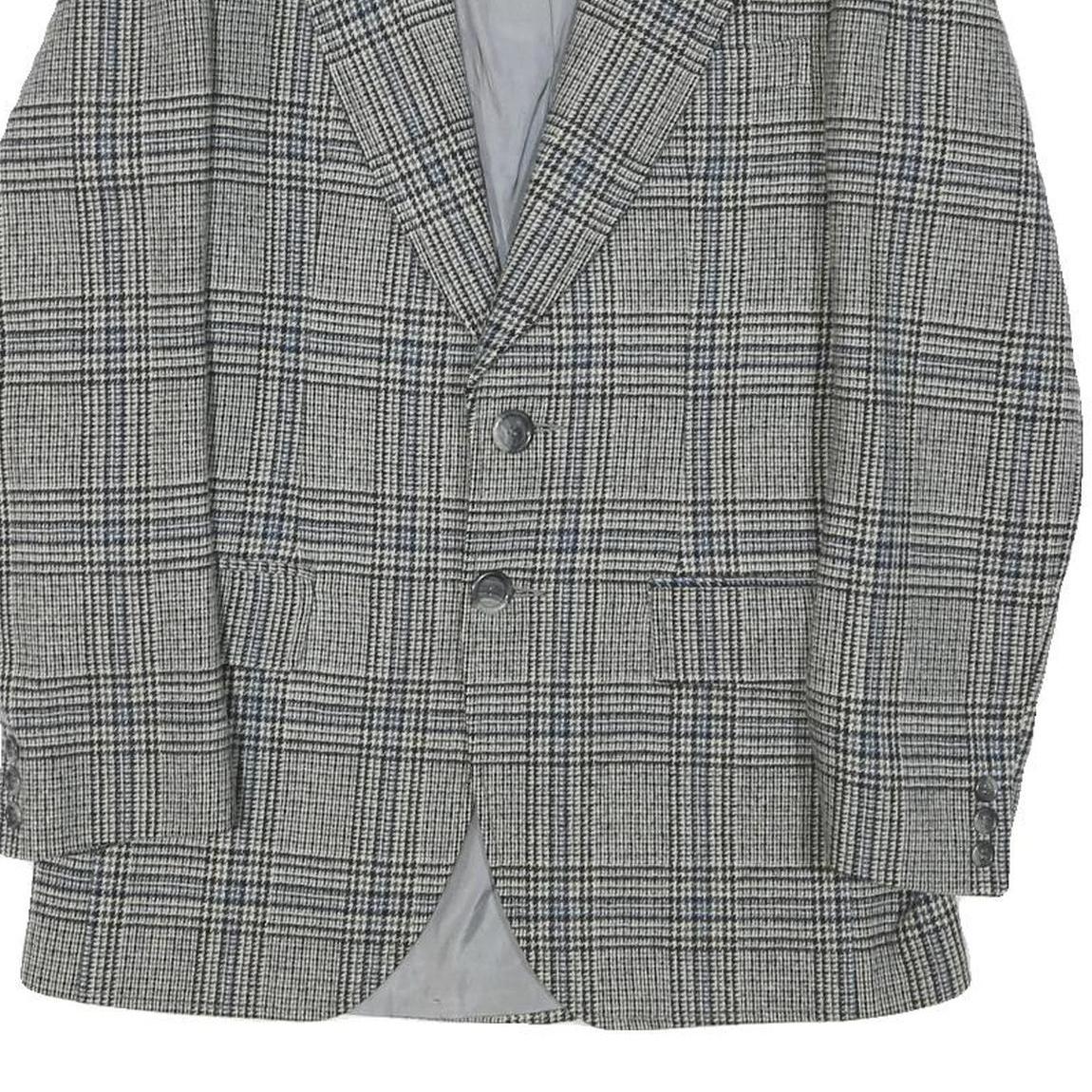 SQUARE DEAL Mens Grey Check Wool Blend Tailored Jacket S Woven Button Closure