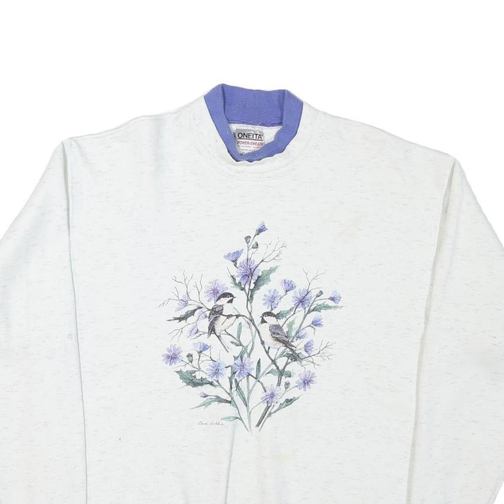 ONITA Womens White Cotton Blend Crew Neck XL Floral Birds Sweatshirt Pullover