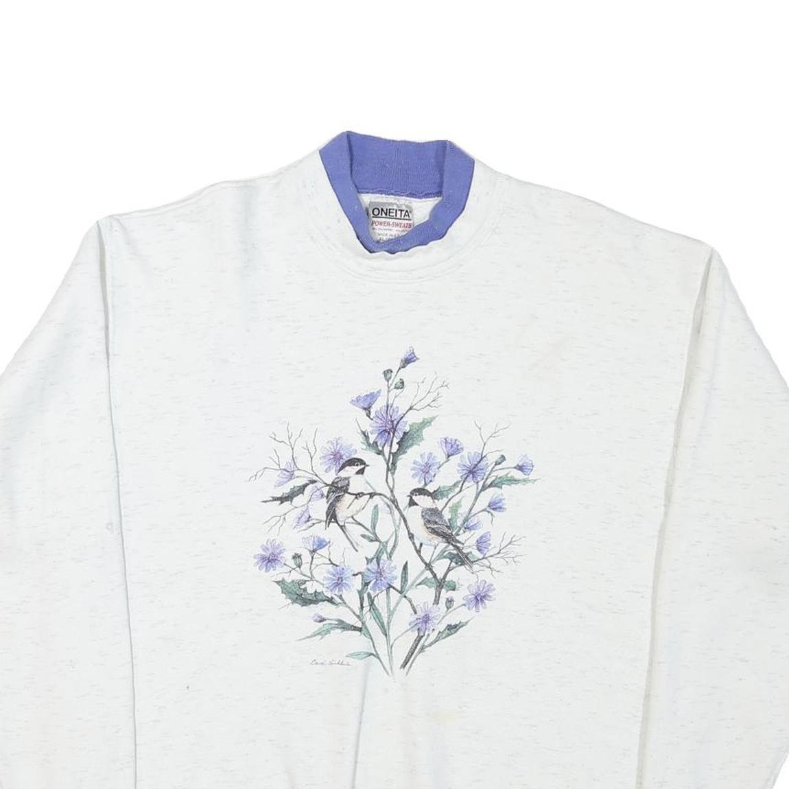 ONITA Womens White Cotton Blend Crew Neck XL Floral Birds Sweatshirt Pullover