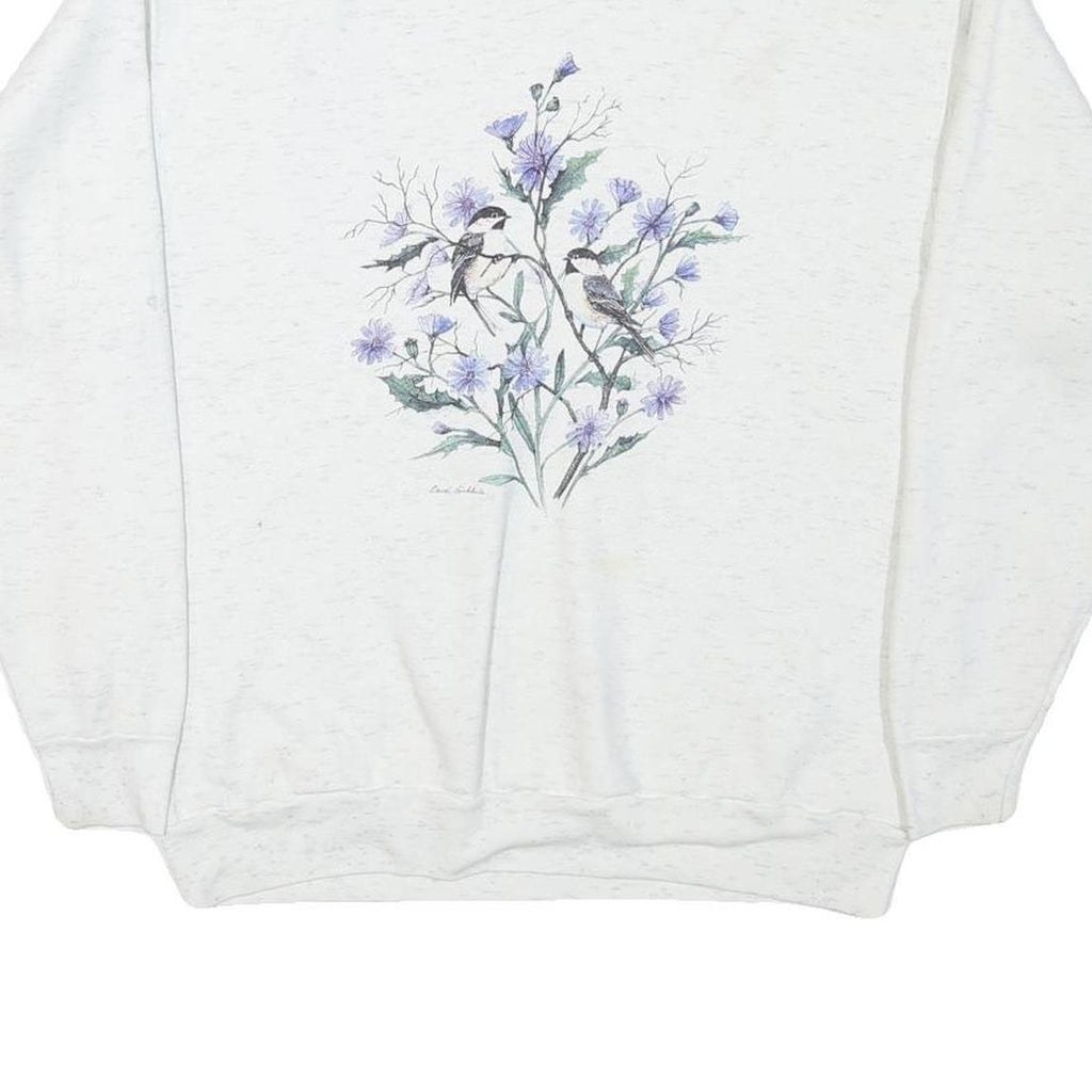 ONITA Womens White Cotton Blend Crew Neck XL Floral Birds Sweatshirt Pullover