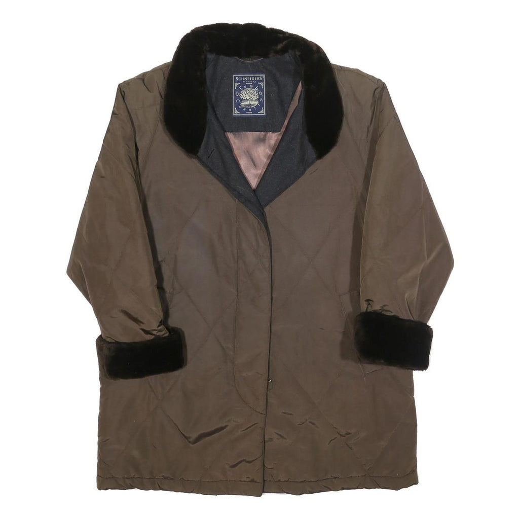 SCHNEIDERS Womens Brown & Black Quilted Button Jacket L Polyester Blend Fur Trim