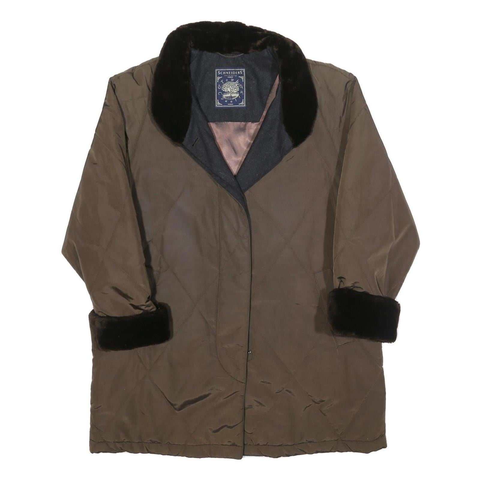 SCHNEIDERS Womens Brown & Black Quilted Button Jacket L Polyester Blend Fur Trim