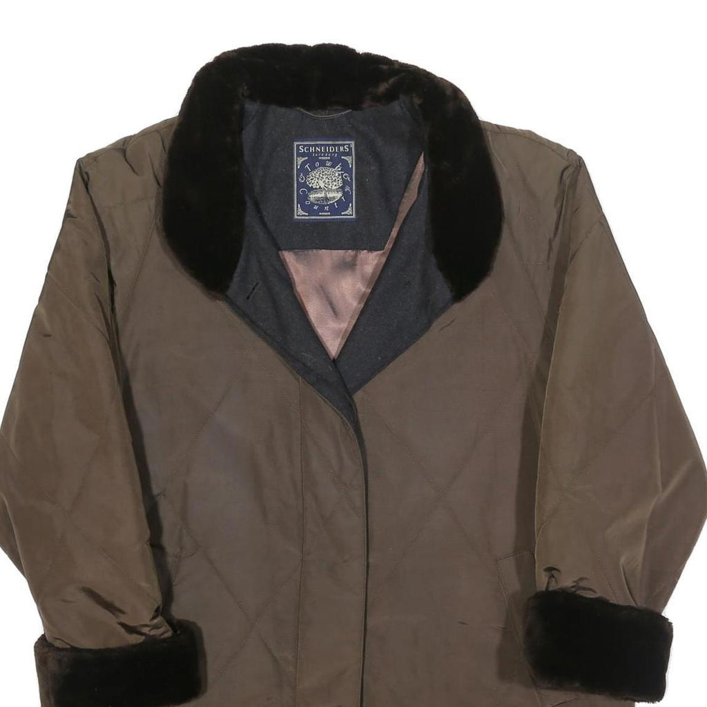 SCHNEIDERS Womens Brown & Black Quilted Button Jacket L Polyester Blend Fur Trim