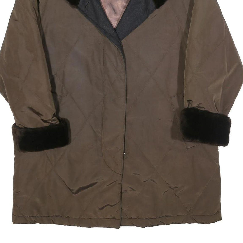 SCHNEIDERS Womens Brown & Black Quilted Button Jacket L Polyester Blend Fur Trim