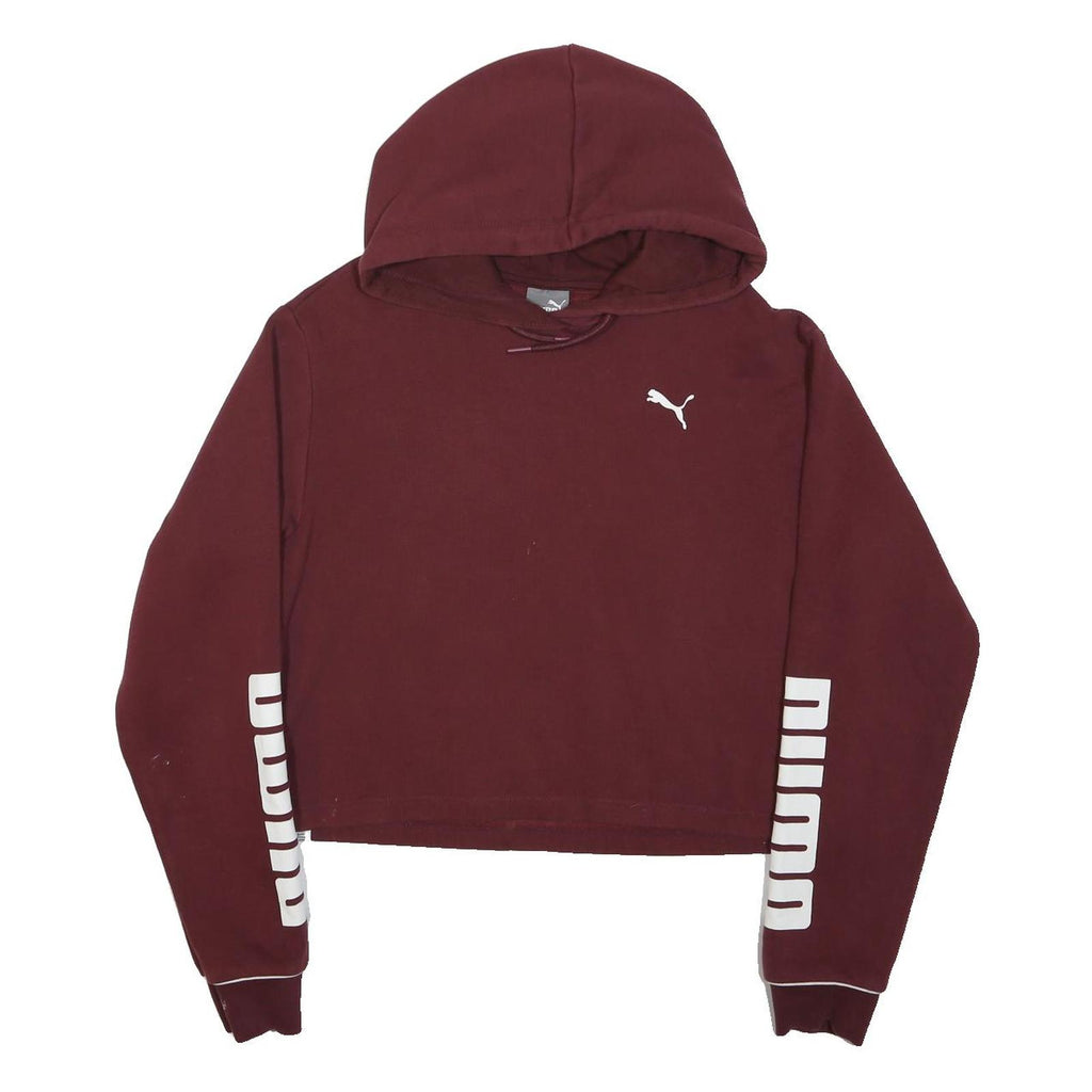 PUMA Womens Maroon Hoodie UK 12 Cropped Cotton Blend Hooded Sweatshirt