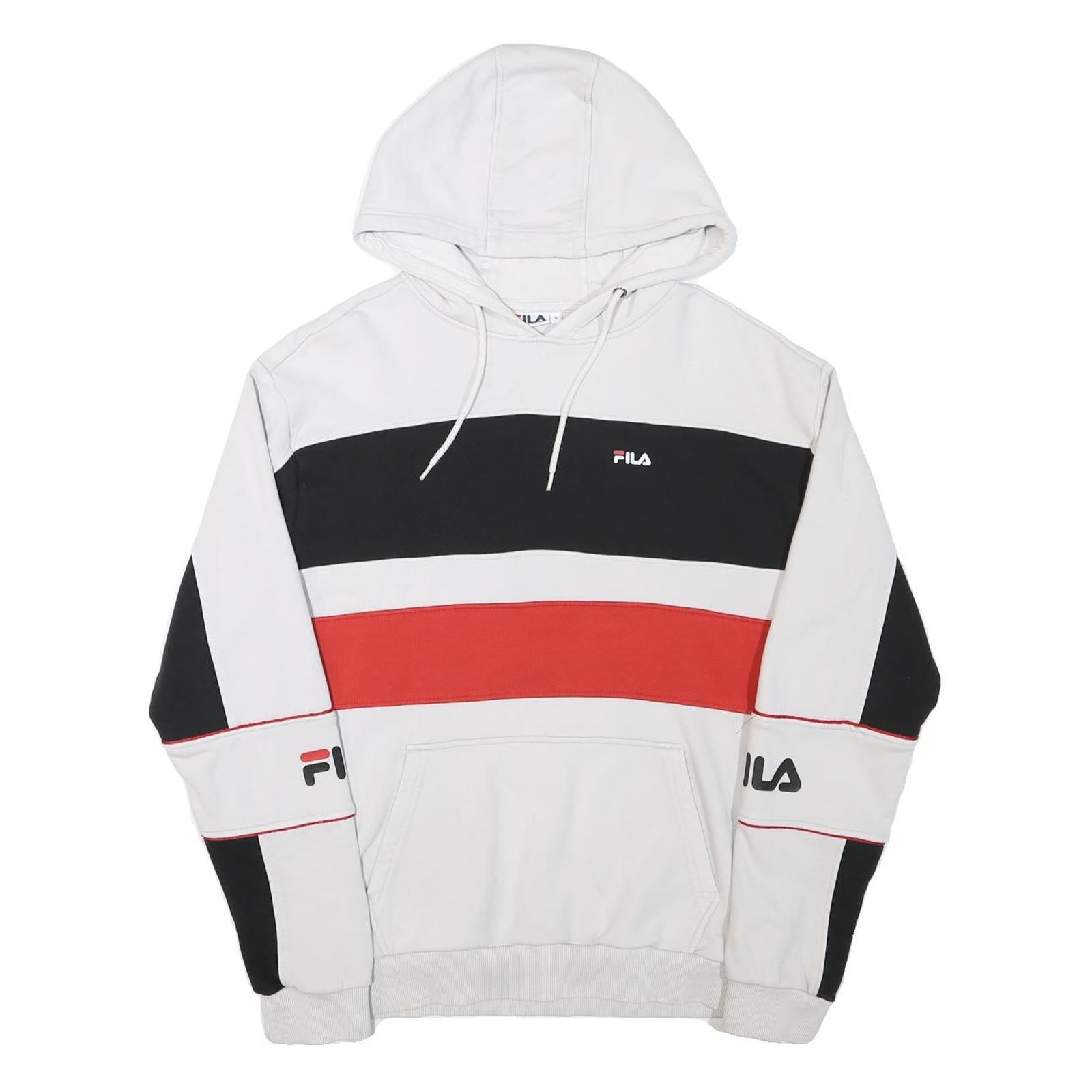 FILA Mens White Black & Red Colour Block Hoodie S Cotton Blend Casual Style