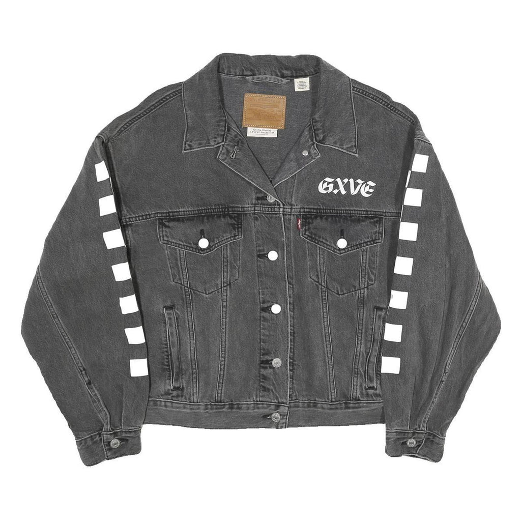 LEVI'S Womens Black Cotton Blend Denim Jacket S Checkered Sleeve Print Button