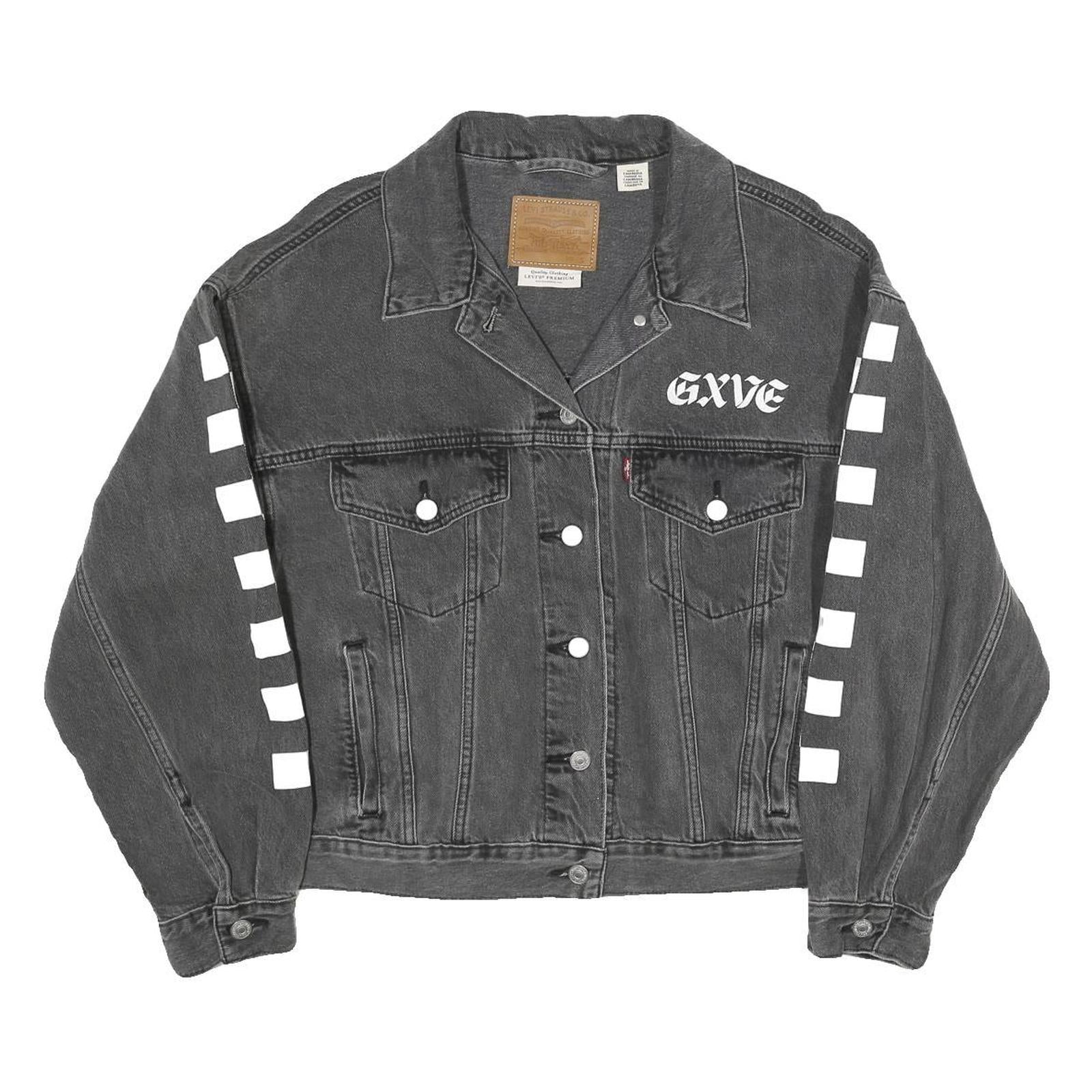 LEVI'S Womens Black Cotton Blend Denim Jacket S Checkered Sleeve Print Button