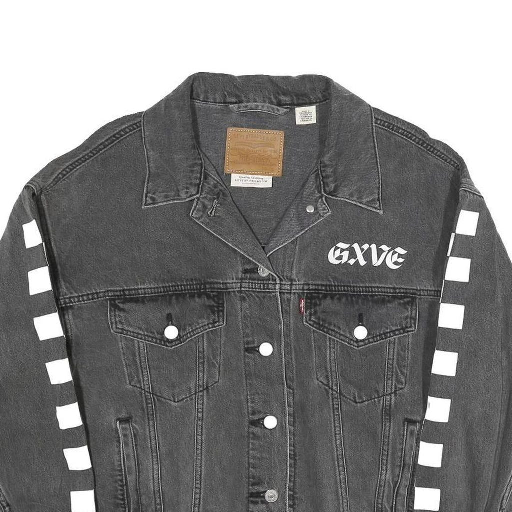 LEVI'S Womens Black Cotton Blend Denim Jacket S Checkered Sleeve Print Button