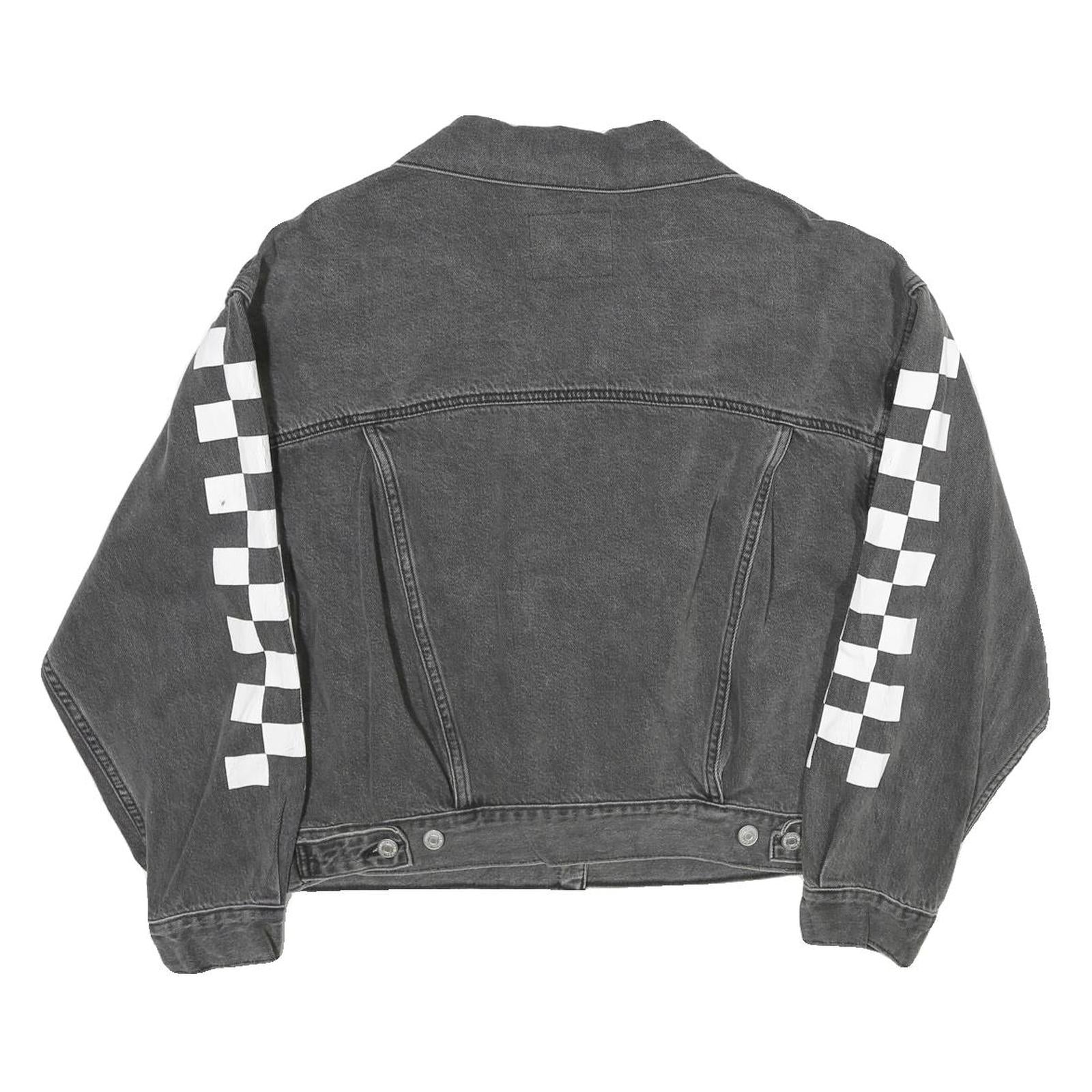 LEVI'S Womens Black Cotton Blend Denim Jacket S Checkered Sleeve Print Button