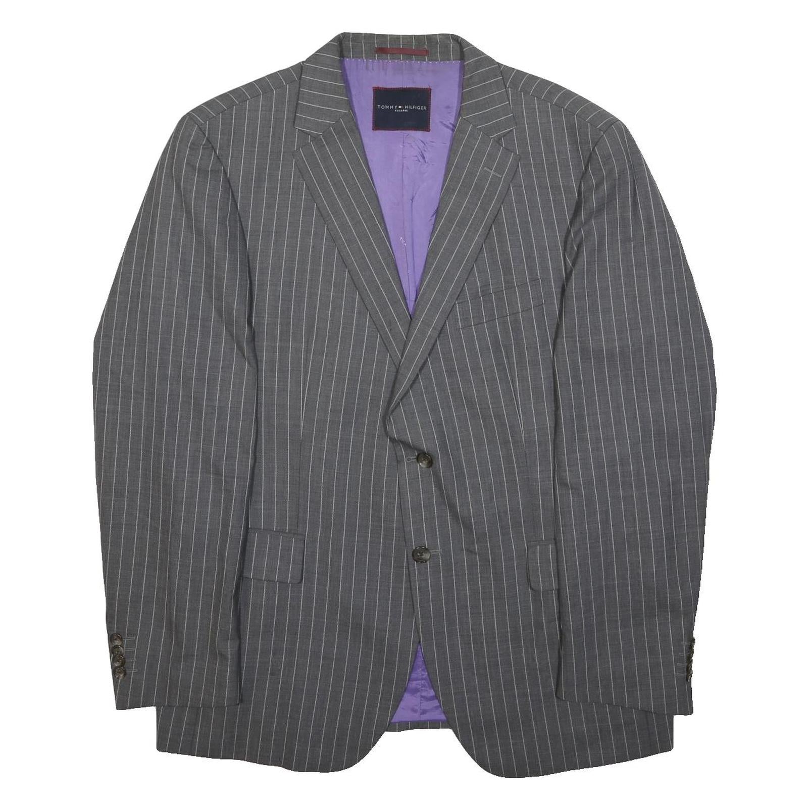 TOMMY HILFIGER Mens Grey Pinstripe Wool Suit Jacket L Woven Tailored Button