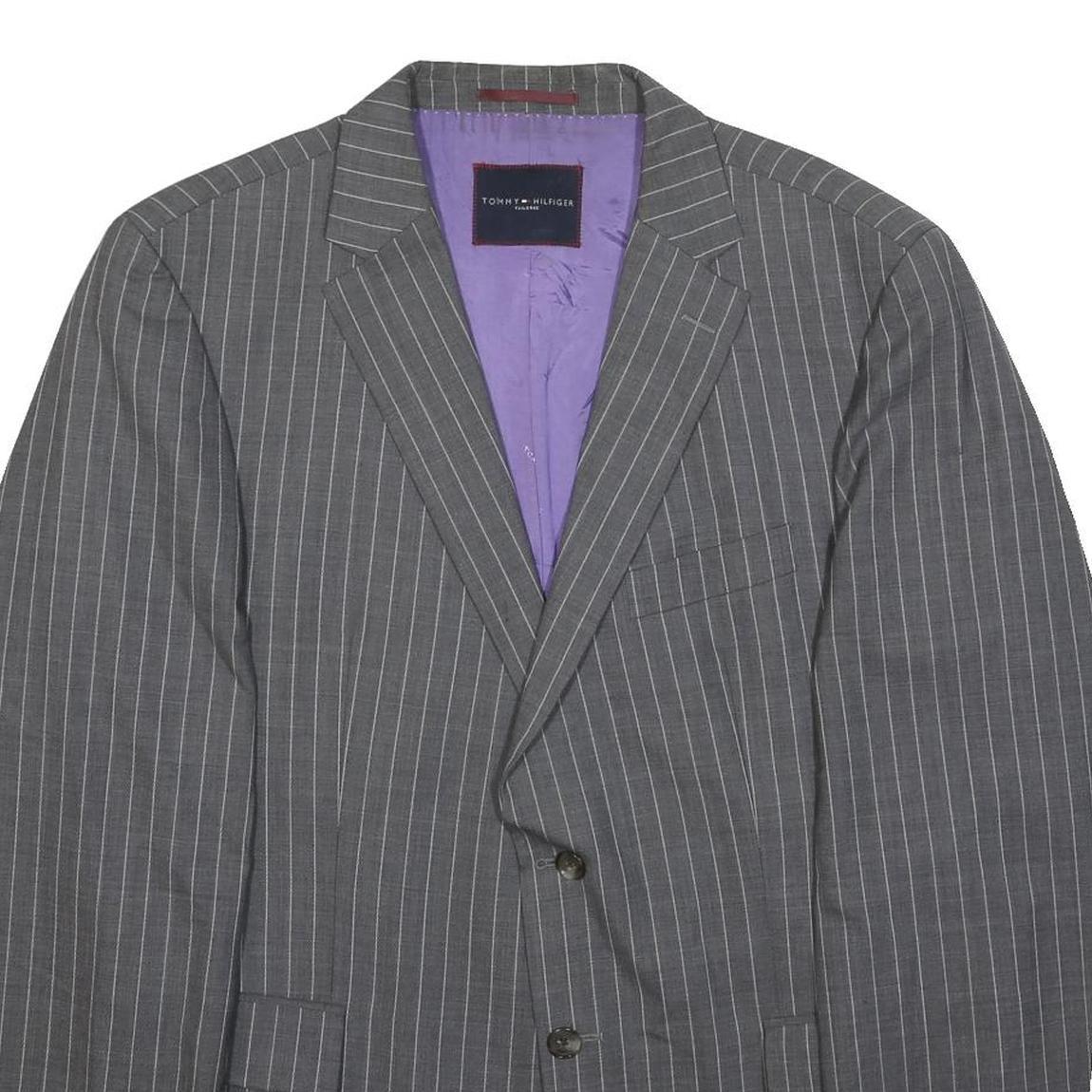 TOMMY HILFIGER Mens Grey Pinstripe Wool Suit Jacket L Woven Tailored Button