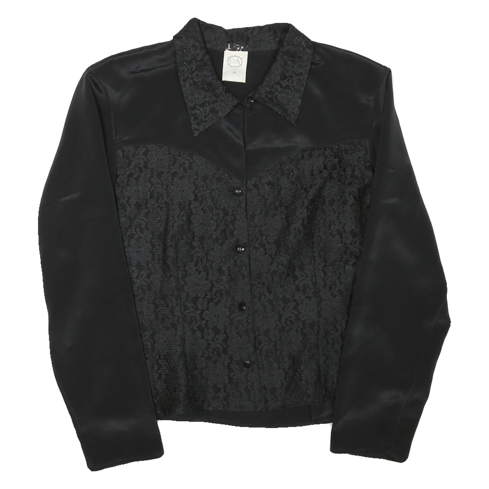 C&A Womens Black Printed Shirt Long Sleeve Collared L Elegant Satin Blend