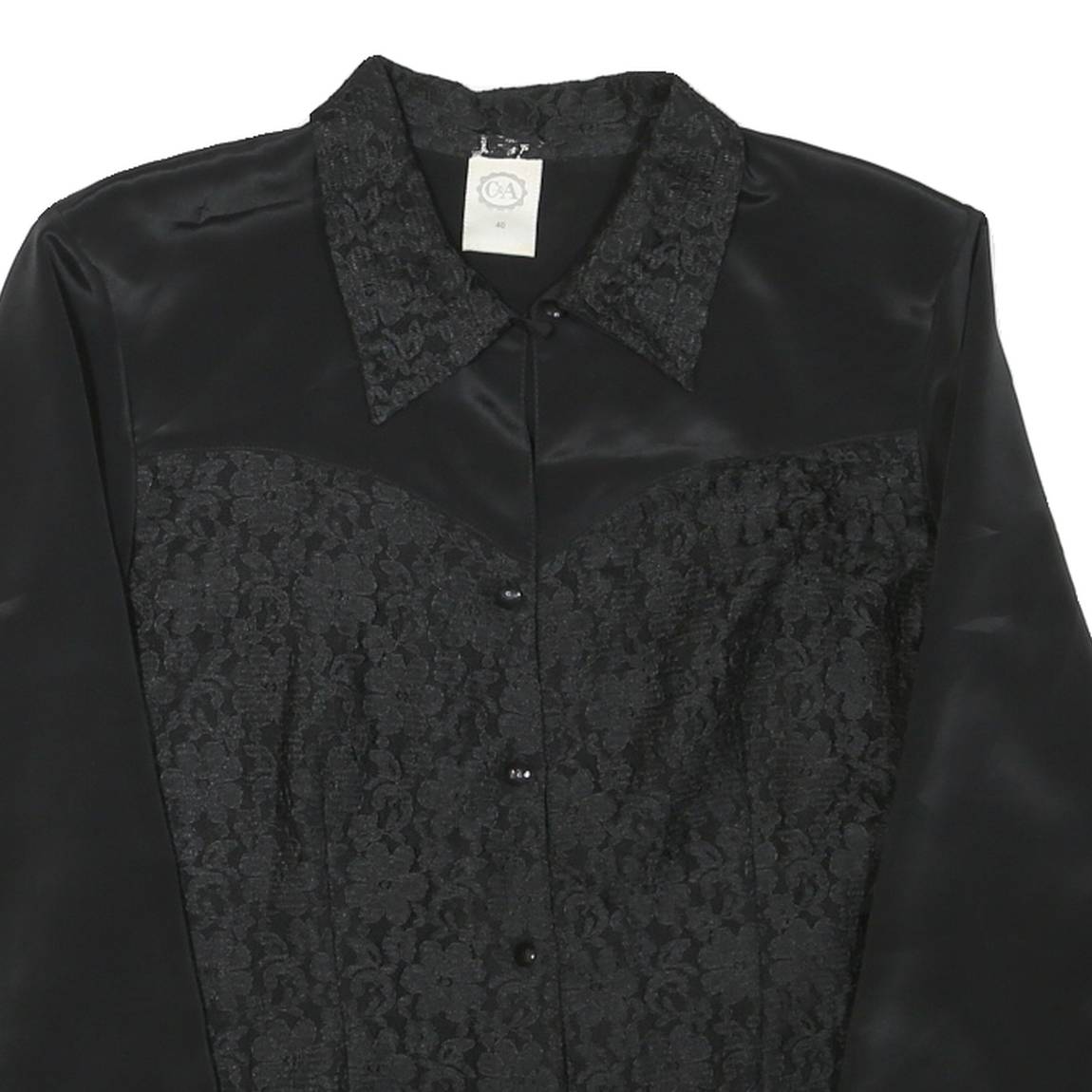 C&A Womens Black Printed Shirt Long Sleeve Collared L Elegant Satin Blend