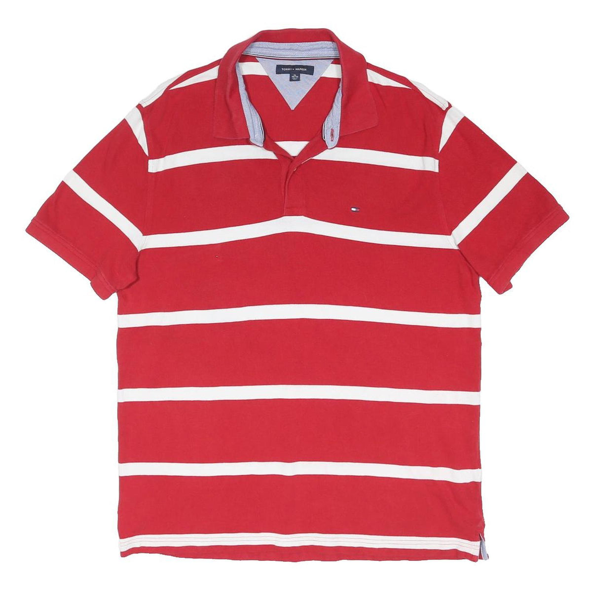 TOMMY HILFIGER Mens Red & White Striped Short Sleeve Polo Shirt XL Cotton Blend