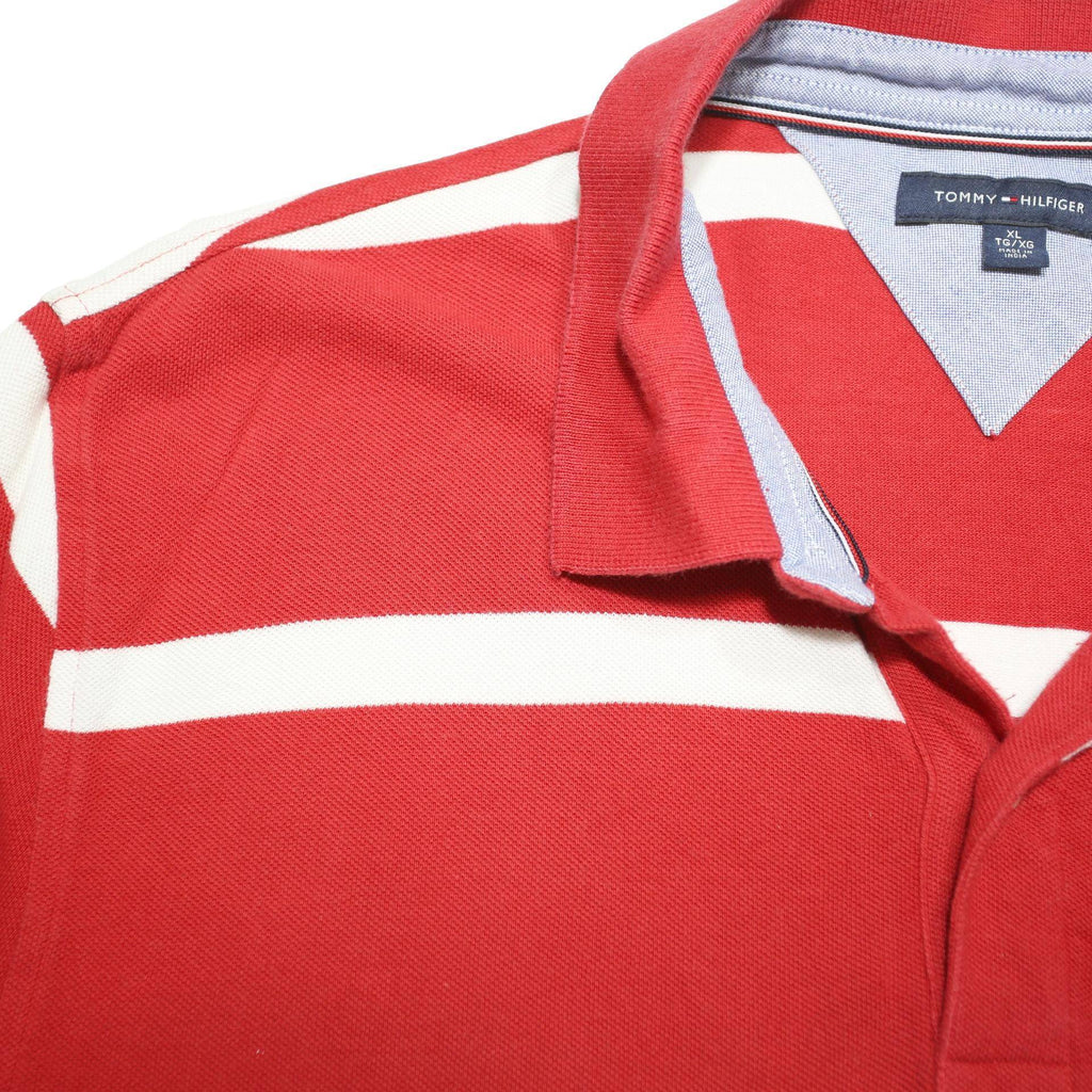 TOMMY HILFIGER Mens Red & White Striped Short Sleeve Polo Shirt XL Cotton Blend
