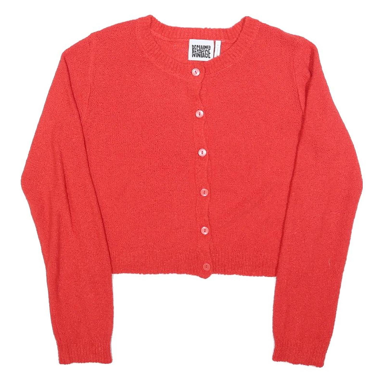 RECLAIMED VINTAGE Womens Red Plain Button Up Crew Neck Basic Knit Jumper M