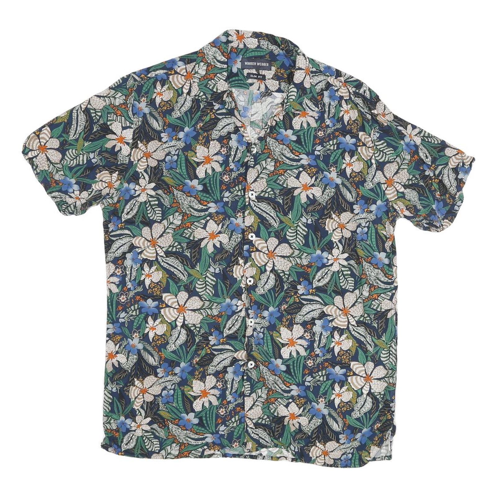 Mens Blue & Green Floral Pattern Cotton Blend Shirt S Casual Summer Short Sleeve