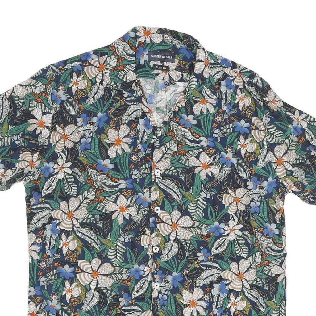 Mens Blue & Green Floral Pattern Cotton Blend Shirt S Casual Summer Short Sleeve