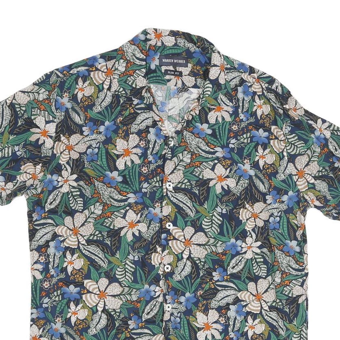 Mens Blue & Green Floral Pattern Cotton Blend Shirt S Casual Summer Short Sleeve