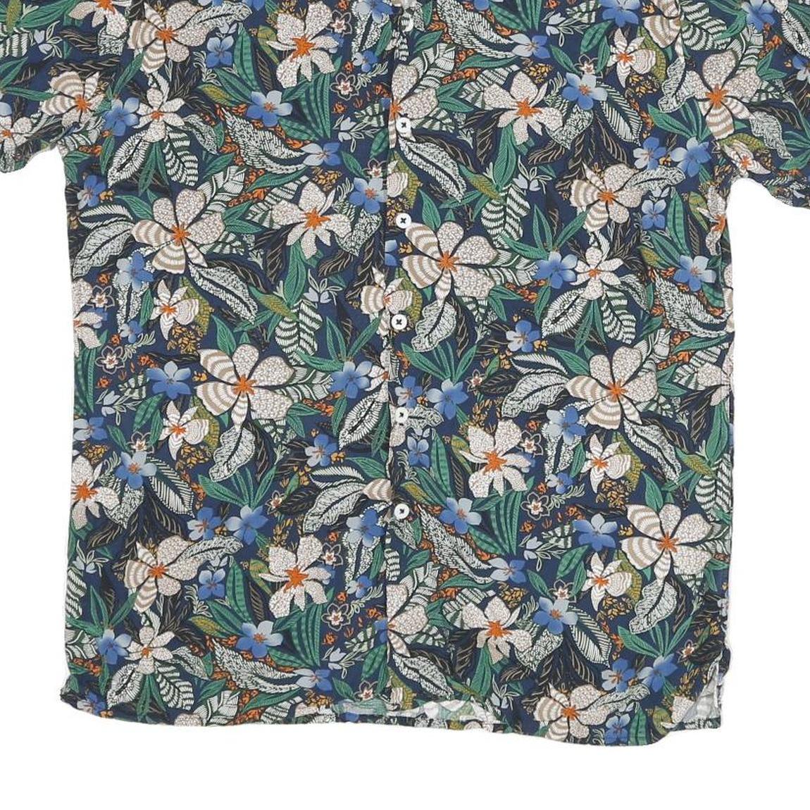 Mens Blue & Green Floral Pattern Cotton Blend Shirt S Casual Summer Short Sleeve