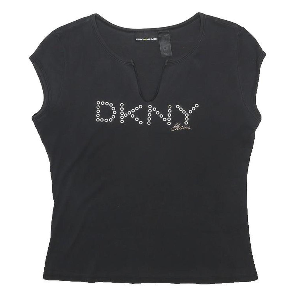 DKNY Womens Black Cotton Blend Short Sleeve Round Neck Logo Top L Casual Fit