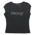 DKNY Womens Black Cotton Blend Short Sleeve Round Neck Logo Top L Casual Fit