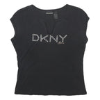 DKNY Womens Black Cotton Blend Short Sleeve Round Neck Logo Top L Casual Fit